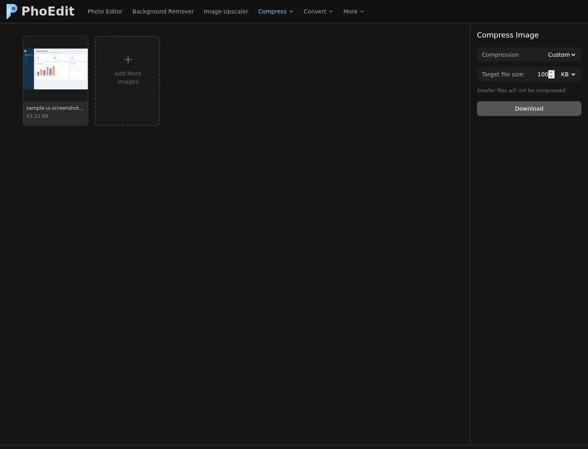 The screenshot target-size test: the original PNG was already smaller than 100KB
