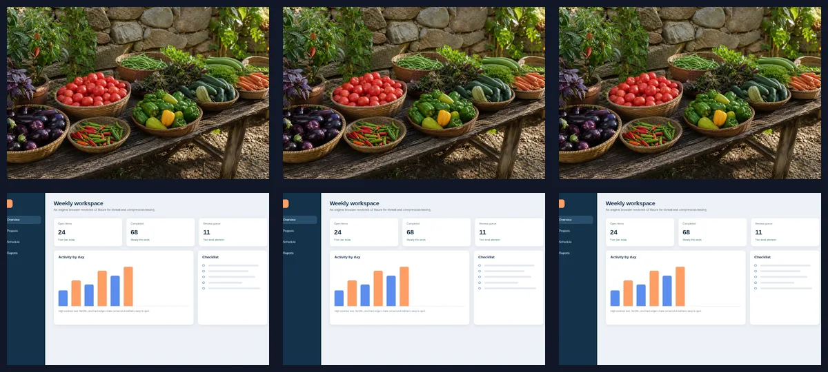 Controlled JPG, PNG, and WebP exports from the same photo and UI fixture