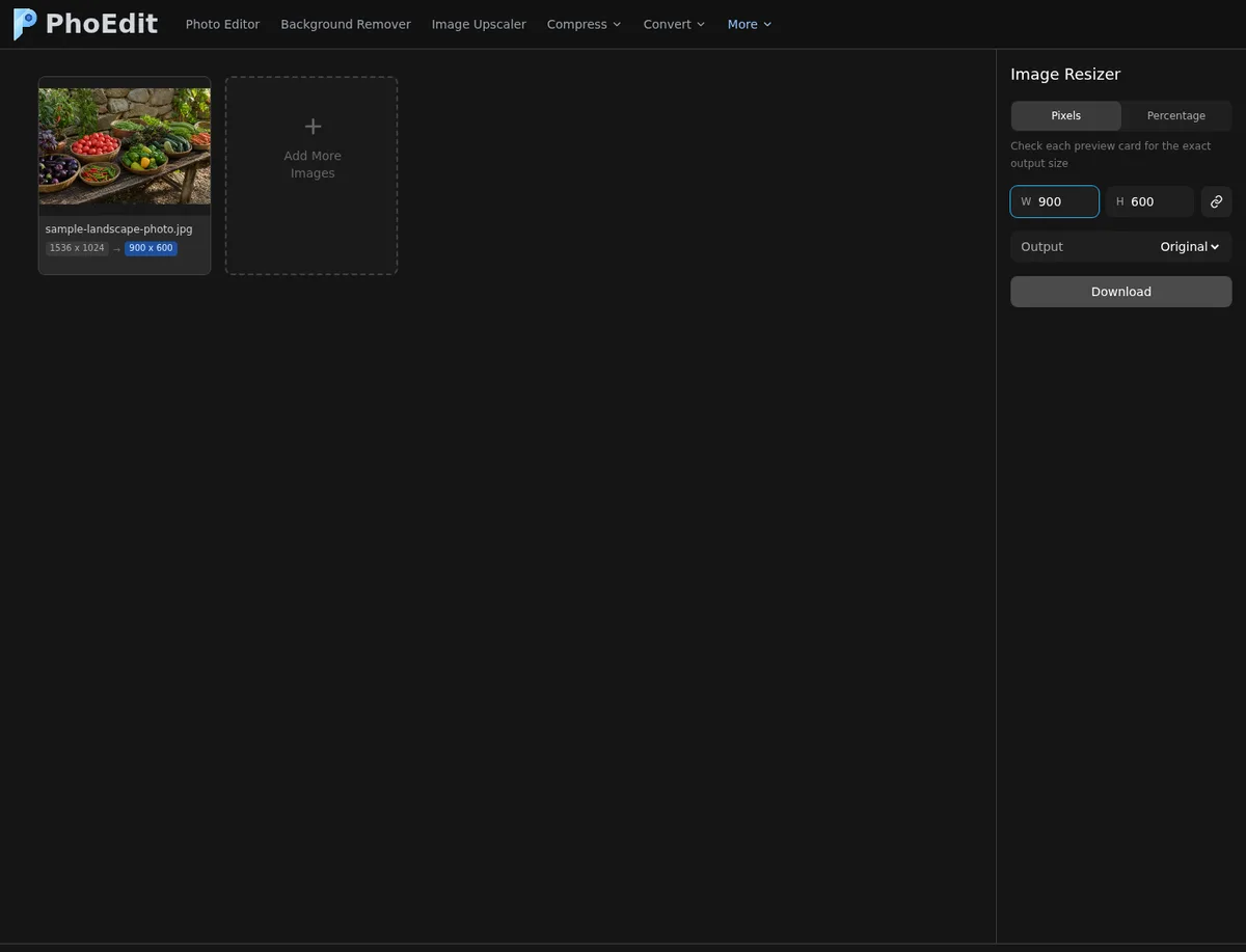 PhoEdit Resize Image set to a 900-pixel width with aspect ratio locked